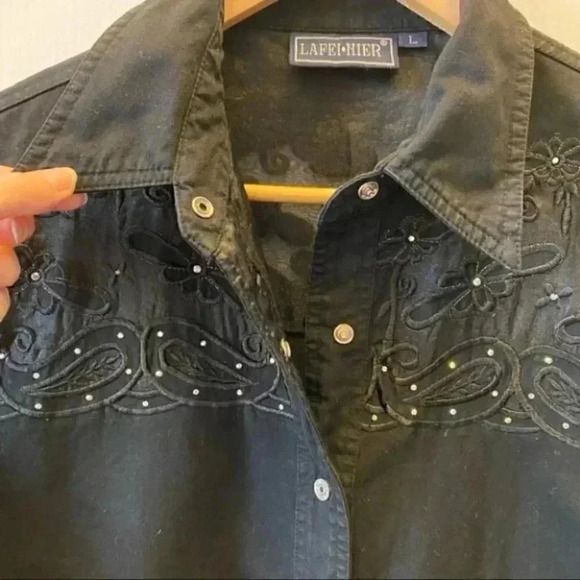 Lafei Nier Western Shirt Beaded Embroidered Button Up Long Sleeve Black Large - Picture 6 of 16